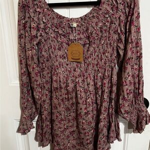 Kori America NWT Boho Floral Smocked Ruffle Blouse Tunic Size L